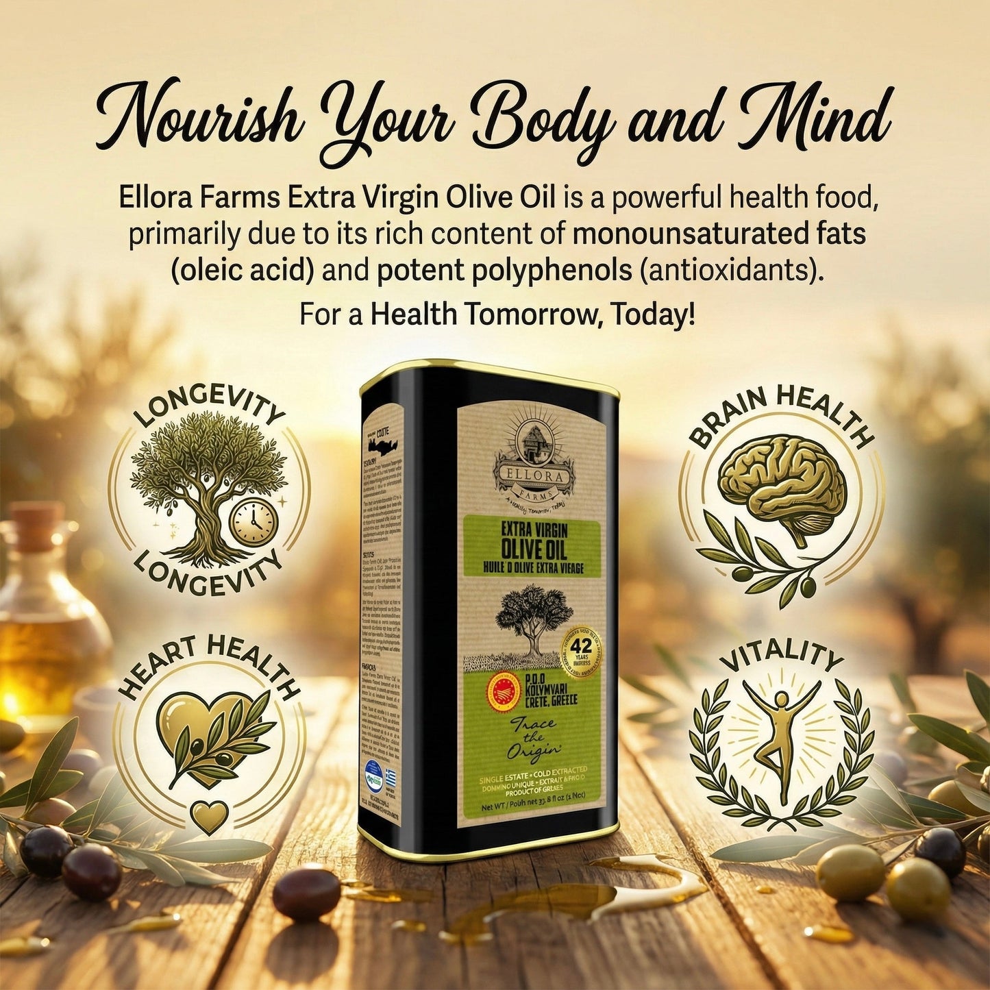 Ellora Farms PDO Kolymvari Extra Virgin Olive Oil, 1 Ltr Tin & Organic Tuscany Bread Dipping Mix, Combo