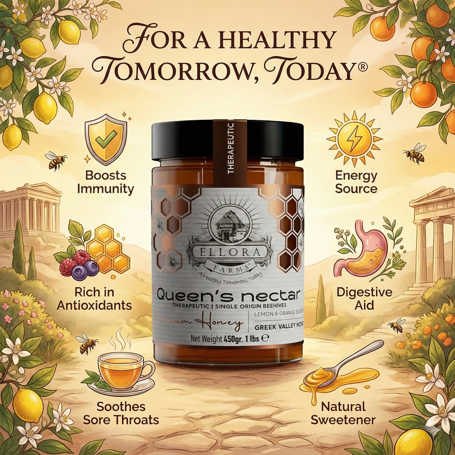 Ellora Farms, Greek Raw Honey, Queens Nectar, Lemon & Orange Blossom, 450g