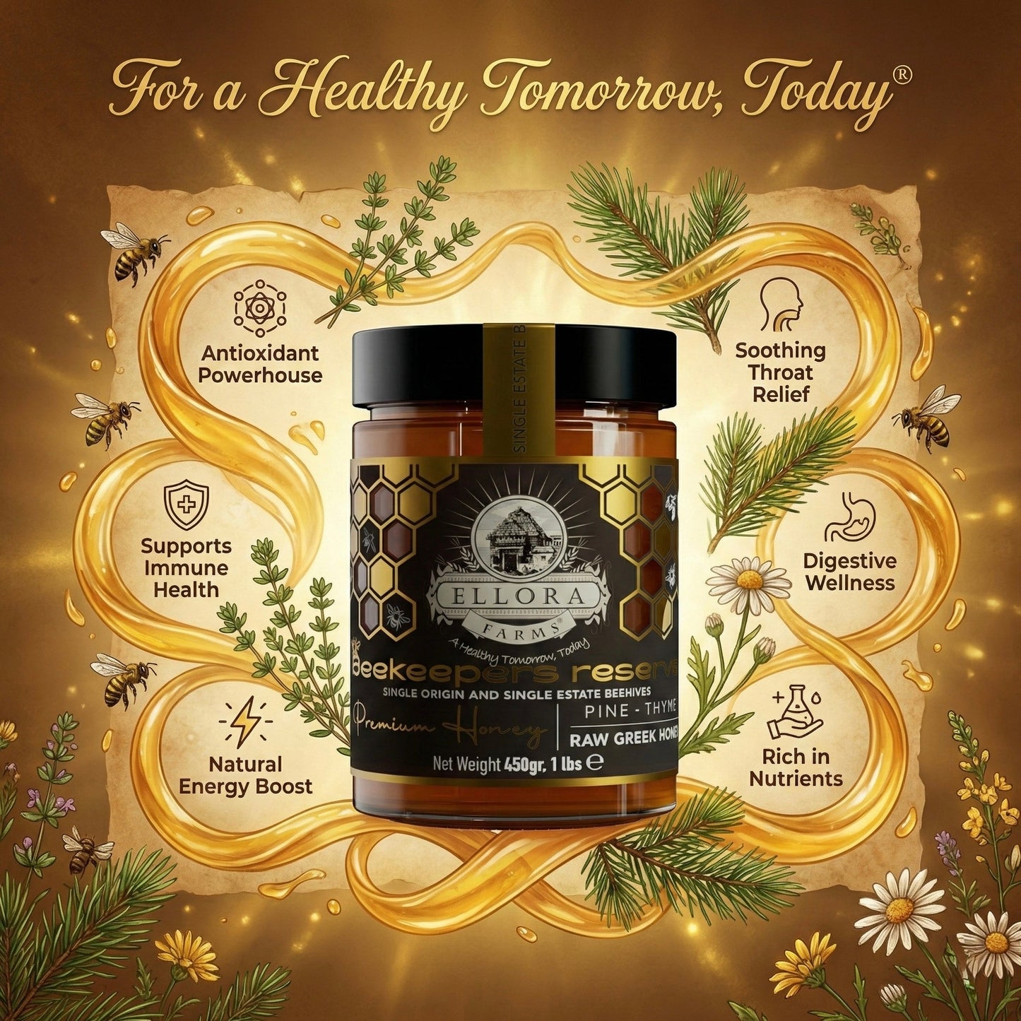 Ellora Farms, Single Estate PDO Greek Raw Honey, Beekeepers Reserve, Pine & Thyme, 450g