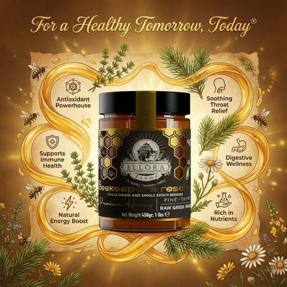 Ellora Farms, Single Estate PDO Greek Raw Honey, Beekeepers Reserve Gift of Honey in Cube Box, Pine & Thyme, 450g