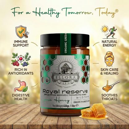 Ellora Farms, Organic Raw Honey & Single Estate PDO Pine Thyme Honey, Superfood, Includes Wooden Dippers, 1 lb Each, Twin Pack