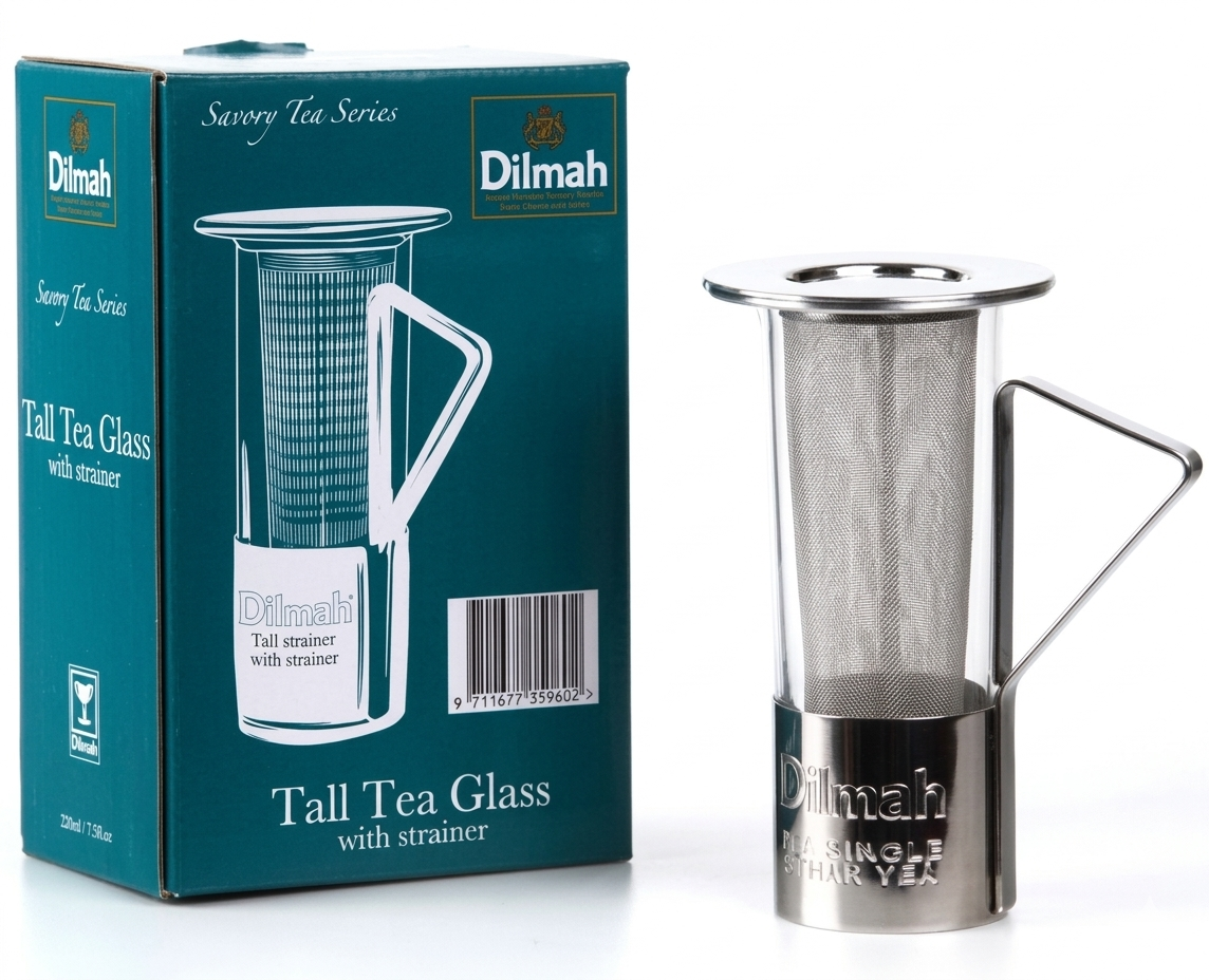 Dilmah, Tea Glass with Stainless Steel Strainer and Infuser for Loose Tea Brewing with Lid, Dishwasher Safe, 220 ml