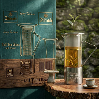 Dilmah, Tea Glass with Stainless Steel Strainer and Infuser for Loose Tea Brewing with Lid, Dishwasher Safe, 220 ml
