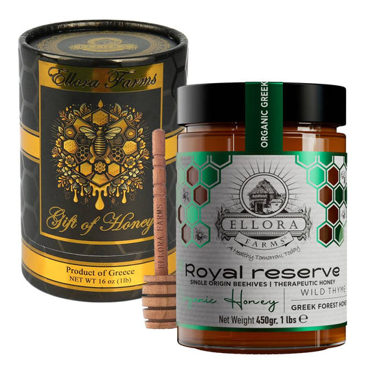 Ellora Farms, Organic Greek Raw Honey, Royal Reserve, Wild Thyme, Gift of Honey in TUBE, Dipper Included, 450g