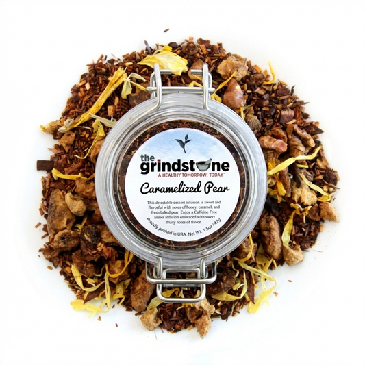 Organic Caramelized Pear Tea, Caffeine Free Herbal infusion with Rooibos, Honey bush, Pear and Apple, 2 oz. Jar