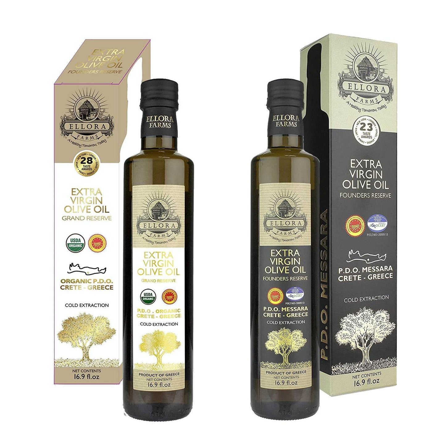 Ellora Farms PDO Organic & PDO Single Estate Greek Extra Virgin Greek Olive Oil, 500ml Bottles Combo