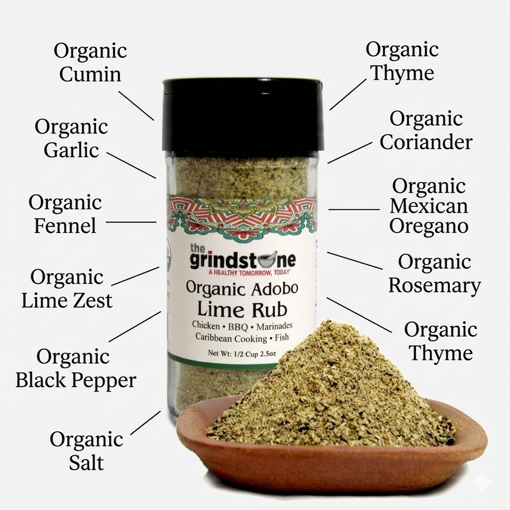 Organic Adobo Lime Rub, Best on Chicken, Tilapia and Salmon, Glass Jar with Dual Sifter, Non GMO & MSG Free Spice, 2.5 oz each