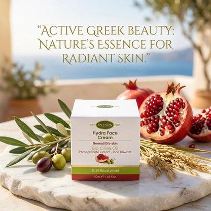 Hydra Active Face Cream, Organic Olive Oil, Pomegranate Extract, Argan Oil, Normal Oily Skin, 50 ml (1.69 oz) Made in Greece