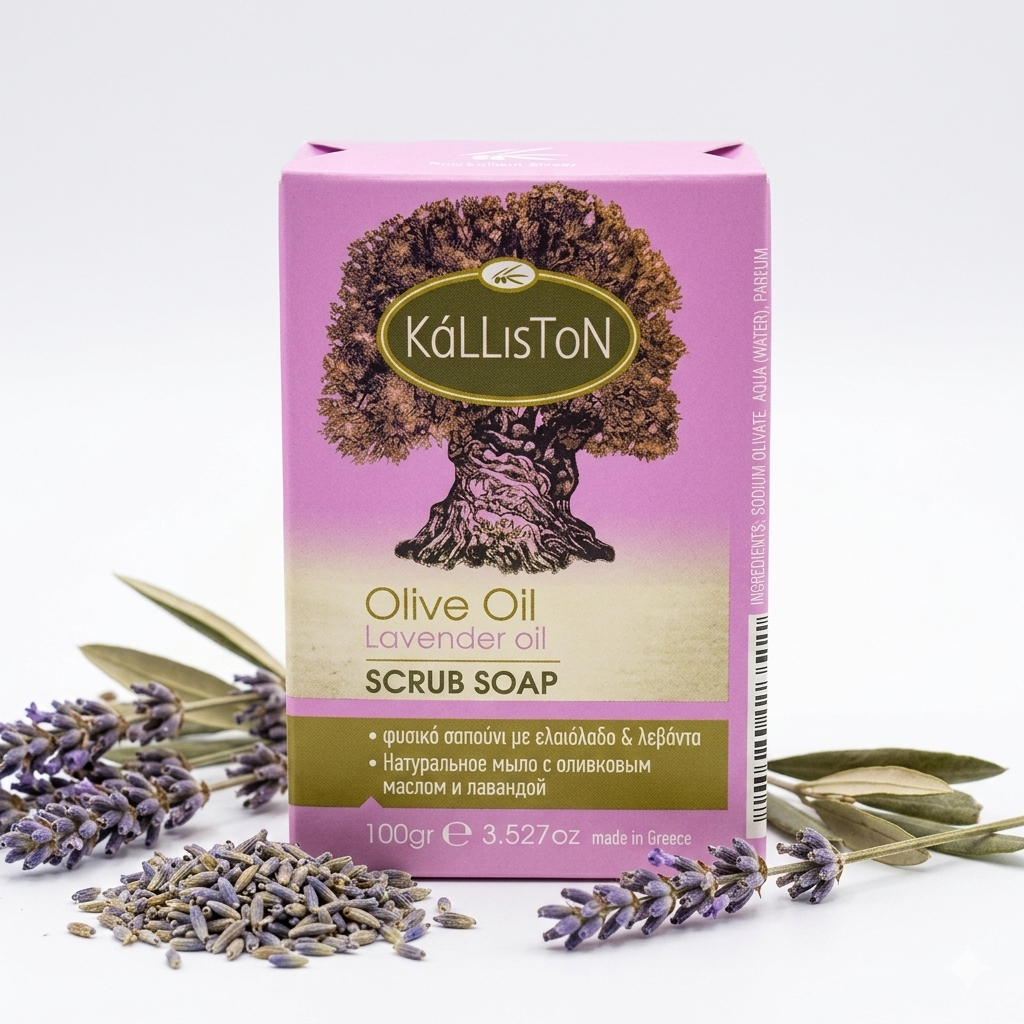 Olive Oil Scrub Soap with Lavender Oil & Extract, All Natural, Made in Ancient Crete, Greece, 3.50 oz.