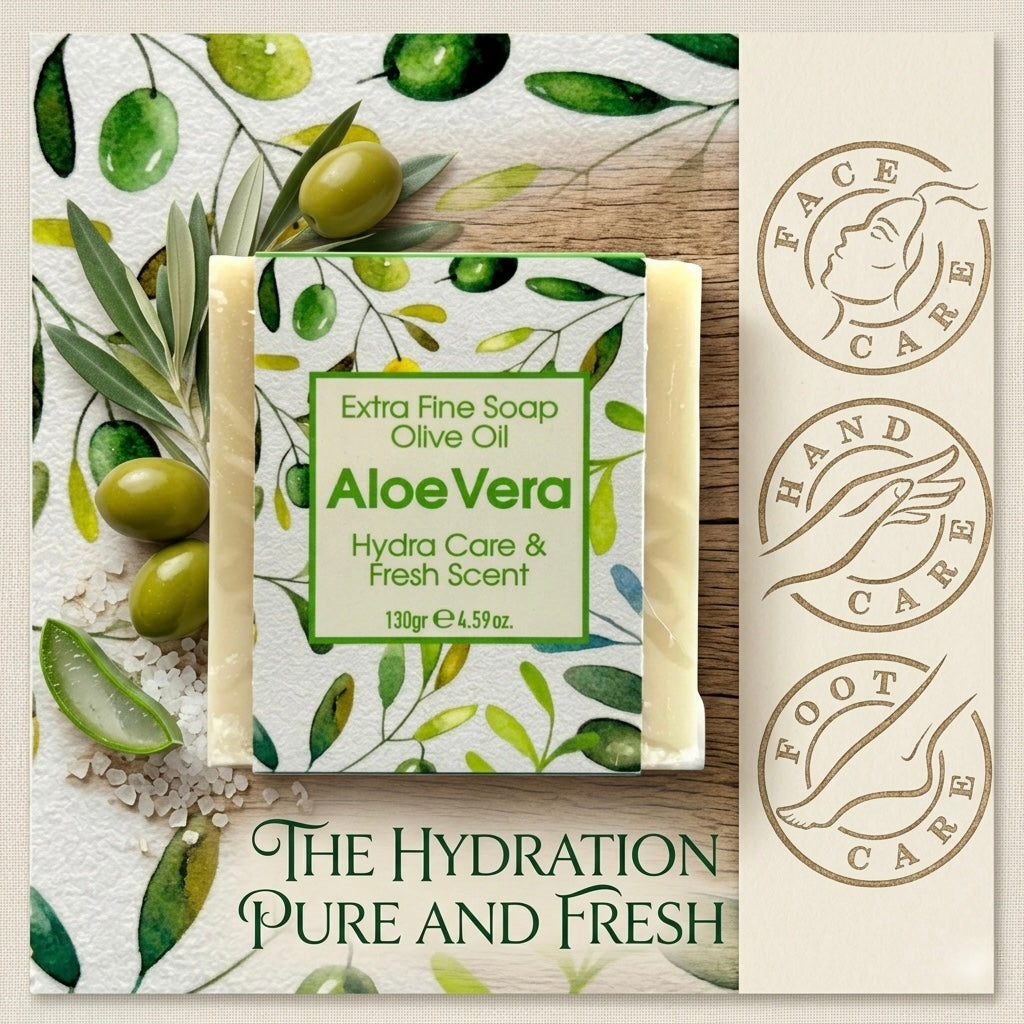 Aloe Vera & Olive oil Soap, Extra Fine Soap, Hydra Care and Fresh Aroma, Made with Real Olive Oil, 125g Each Bar