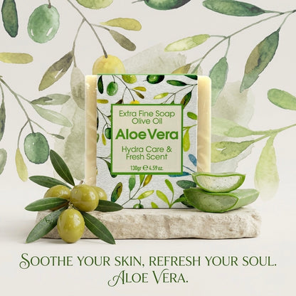 Aloe Vera & Olive oil Soap, Extra Fine Soap, Hydra Care and Fresh Aroma, Made with Real Olive Oil, 125g Each Bar