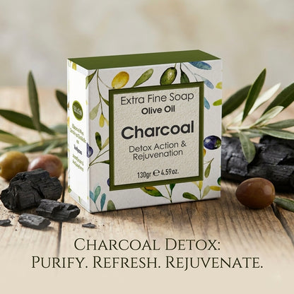 Charcoal & Olive Soap, Detox & Rejuvenate, Extra Fine Soap, Made with Real Olive Oil, 125g Each Bar