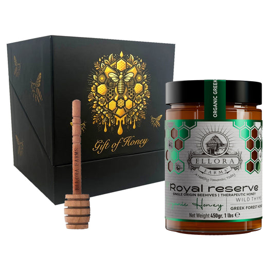 Ellora Farms, Organic Greek Raw Honey, Royal Reserve, Wild Thyme, Gift of Honey in Cube Box, Dipper Included,450g