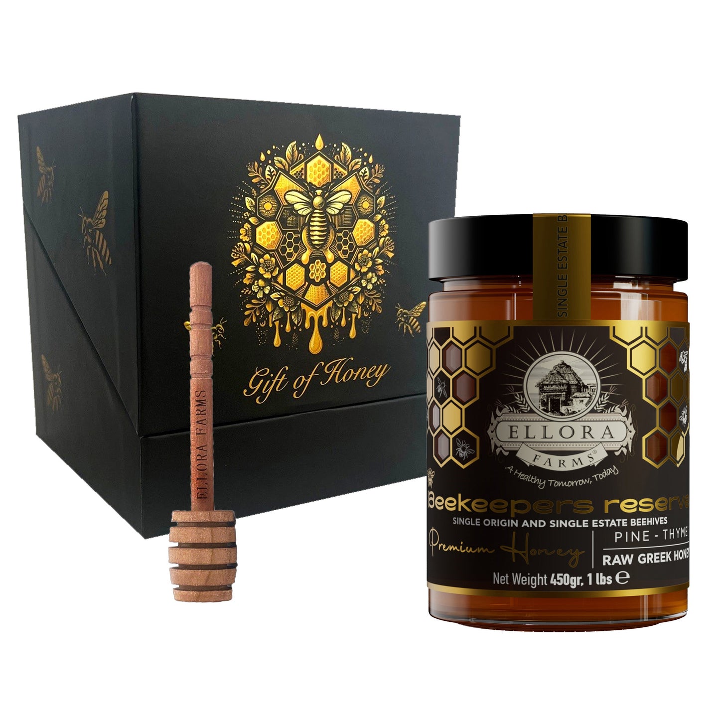 Ellora Farms, Single Estate PDO Greek Raw Honey, Beekeepers Reserve Gift of Honey in Cube Box, Pine & Thyme, 450g