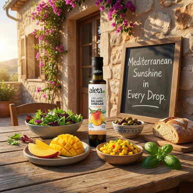 Aleta Organic, Infused Mango Balsamic Vinegar, Tropical Floral Notes, Great Taste Award Winner, Glass Bottle, 8.45 oz.