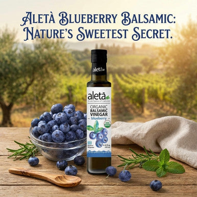 Aleta Organic, Infused Blueberry Balsamic Vinegar, Dark Berry Richness, No Preservatives, Great Taste Award Winner, Glass Bottle, 8.45 oz.
