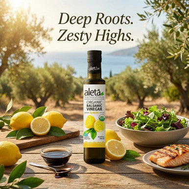 Aleta Organic, Infused Lemon Balsamic Vinegar, Tangy Zest of Lemon, Naturally Sourced, No Preservatives, USDA Certified, 8.45 oz Bottle