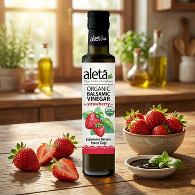 Aleta Organic, Infused Strawberry Balsamic Vinegar, Sweet & Tarty, No-Added Sugar, No-Preservatives, Glass Bottle, 8.45 oz.