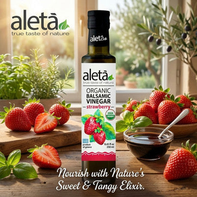 Aleta Organic, Infused Strawberry Balsamic Vinegar, Sweet & Tarty, No-Added Sugar, No-Preservatives, Glass Bottle, 8.45 oz.