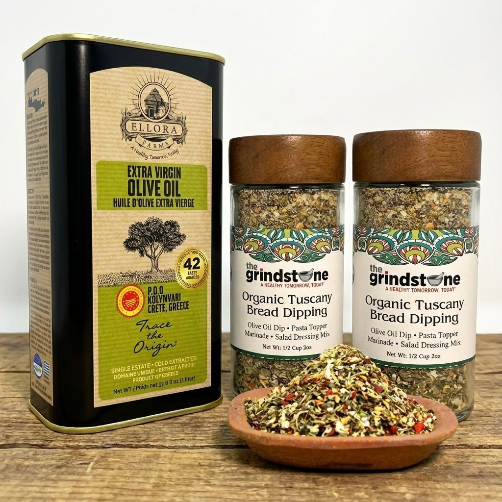 Ellora Farms PDO Kolymvari Extra Virgin Olive Oil, 1 Ltr Tin & Organic Tuscany Bread Dipping Mix, Combo