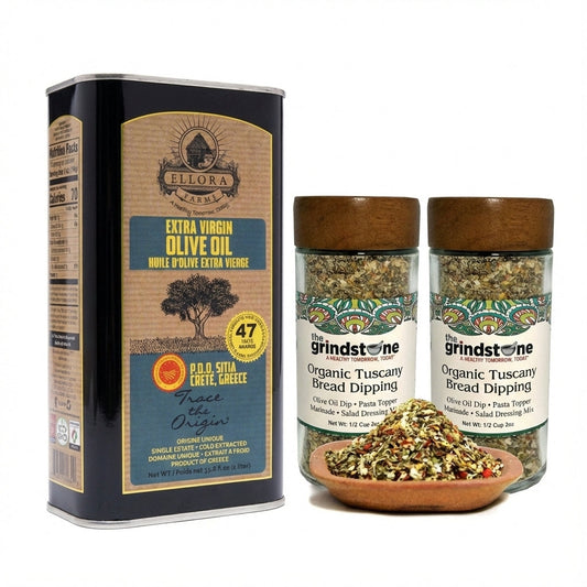 Ellora Farms PDO SITIA Extra Virgin Olive Oil, 1 Ltr Tin & Organic Tuscany Bread Dipping Mix, Combo