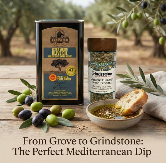 Ellora Farms PDO SITIA Extra Virgin Olive Oil, 1 Ltr Tin & Organic Tuscany Bread Dipping Mix, Combo