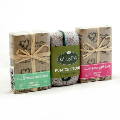 With Love Bow Olive Oil Soap & Pumice Stone Gift Set, All Natural, Assorted Aroma Fragrances. Made in Crete, Greece, 2 Soaps 3.53 oz. Each