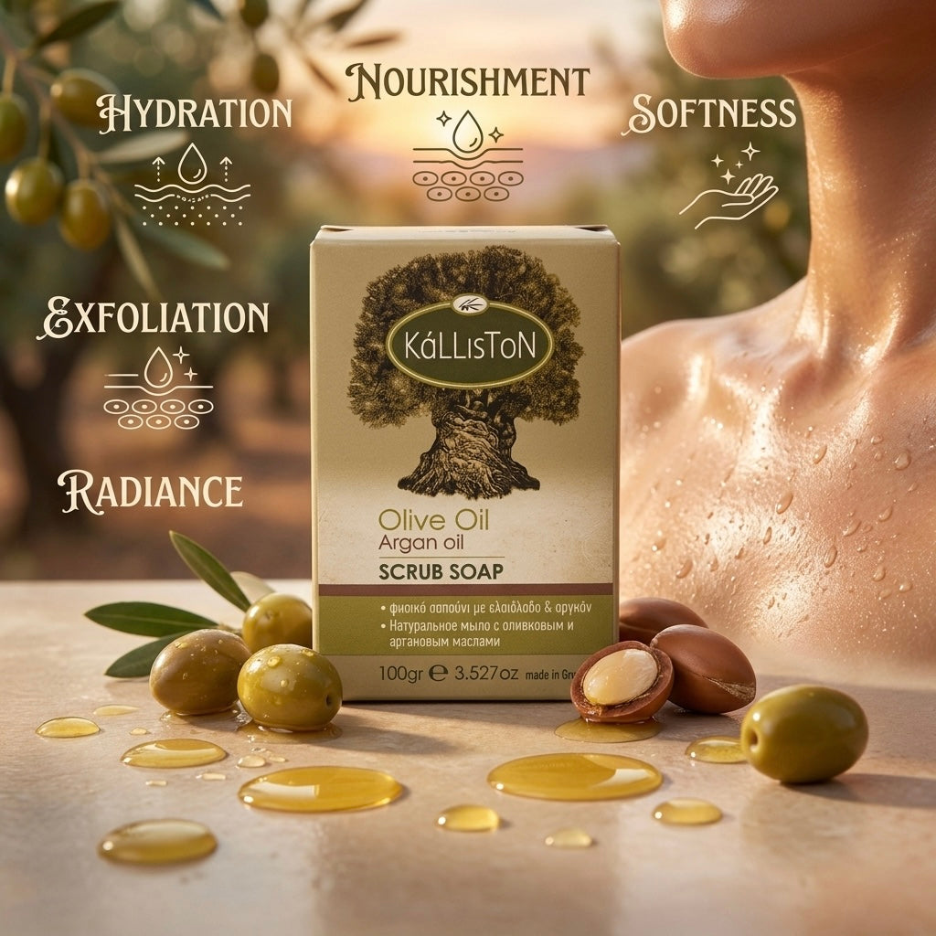 Olive Oil Scrub Soap with Argan Oil & Extract, All Natural, Made in Ancient Crete, Greece, 3.50 oz.