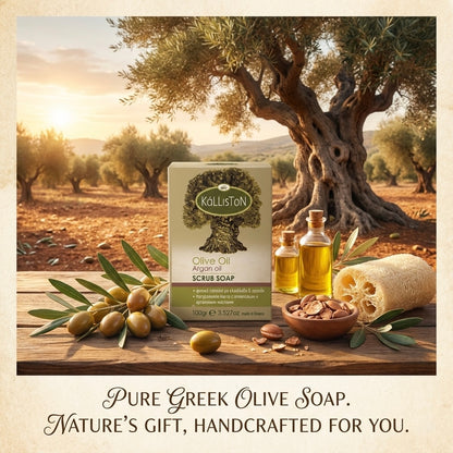 Olive Oil Scrub Soap with Argan Oil & Extract, All Natural, Made in Ancient Crete, Greece, 3.50 oz.