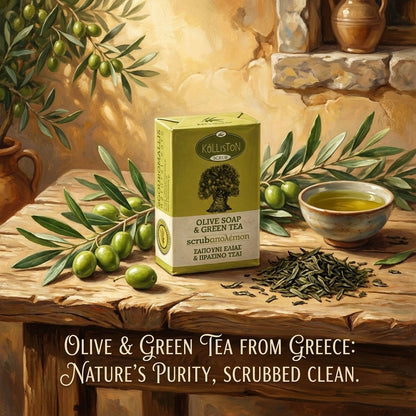 Olive Oil Soap Scrub with Green Tea Extract & Aroma, All Natural, Made in Ancient Crete, Greece, 3.53 oz.