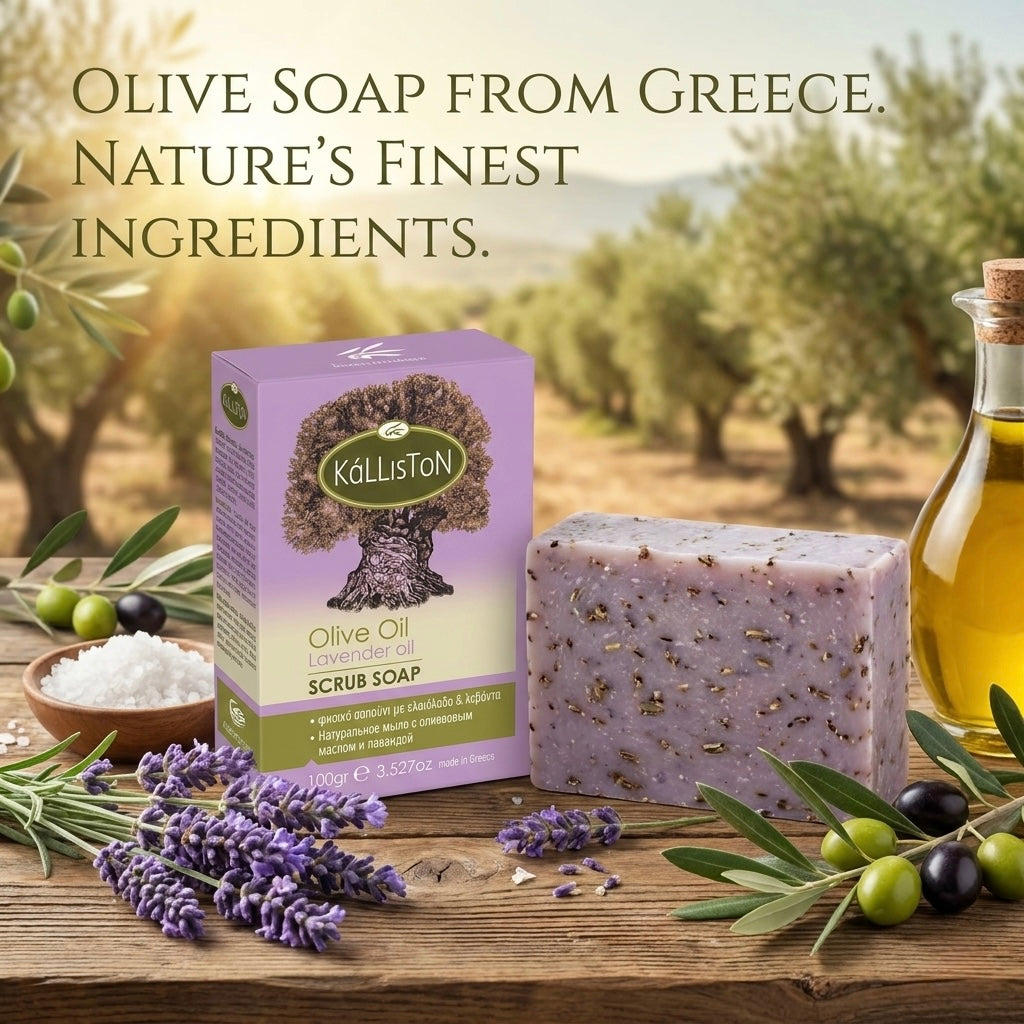 Olive Oil Scrub Soap with Lavender Oil & Extract, All Natural, Made in Ancient Crete, Greece, 3.50 oz.