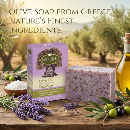Olive Oil Scrub Soap with Lavender Oil & Extract, All Natural, Made in Ancient Crete, Greece, 3.50 oz.