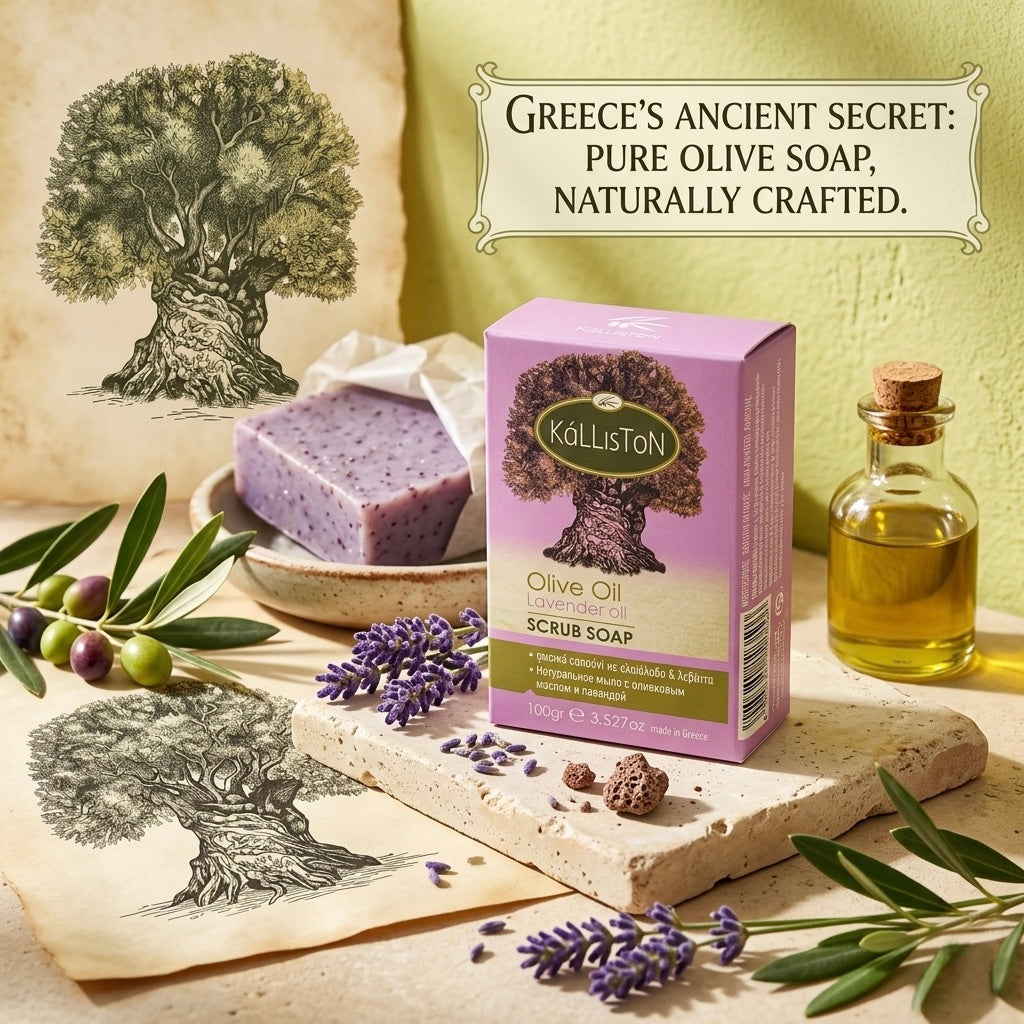 Olive Oil Scrub Soap with Lavender Oil & Extract, All Natural, Made in Ancient Crete, Greece, 3.50 oz.