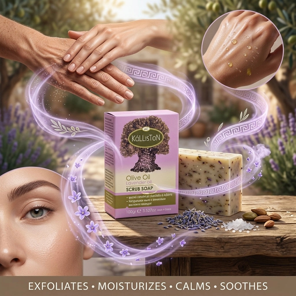 Olive Oil Scrub Soap with Lavender Oil & Extract, All Natural, Made in Ancient Crete, Greece, 3.50 oz.