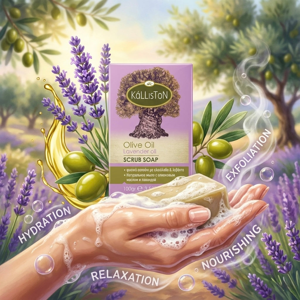 Olive Oil Scrub Soap with Lavender Oil & Extract, All Natural, Made in Ancient Crete, Greece, 3.50 oz.