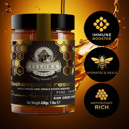 Ellora Farms, Single Estate PDO Greek Raw Honey, Beekeepers Reserve Gift of Honey in Cube Box, Pine & Thyme, 450g