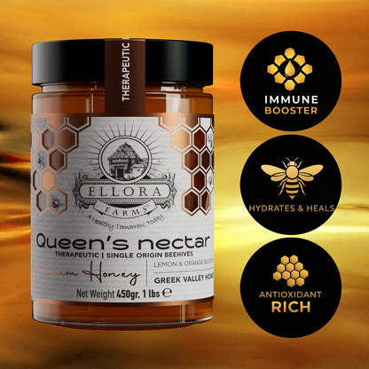 Ellora Farms, Greek Raw Honey, Queens Nectar, Lemon & Orange Blossom, Gift of Honey POT, Dipper Included, 450g