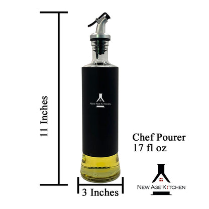 New Age Kitchen, Glass Cruet Bottle, Elegant Stainless Steel Shell Casing, large 17 oz (Black+Steel)