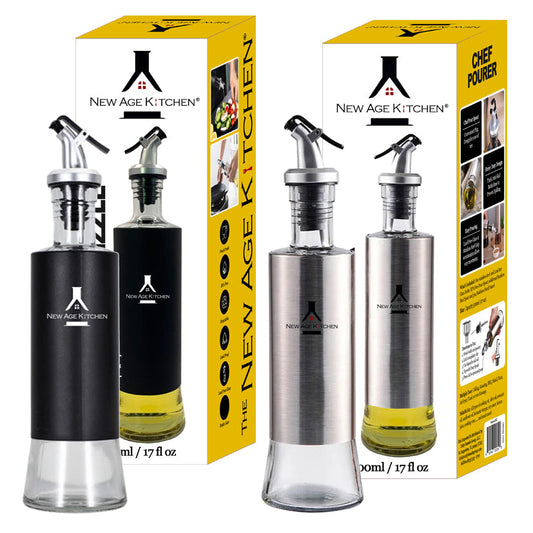New Age Kitchen, Glass Cruet Bottle, Elegant Stainless Steel Shell Casing, large 17 oz (Black+Steel)
