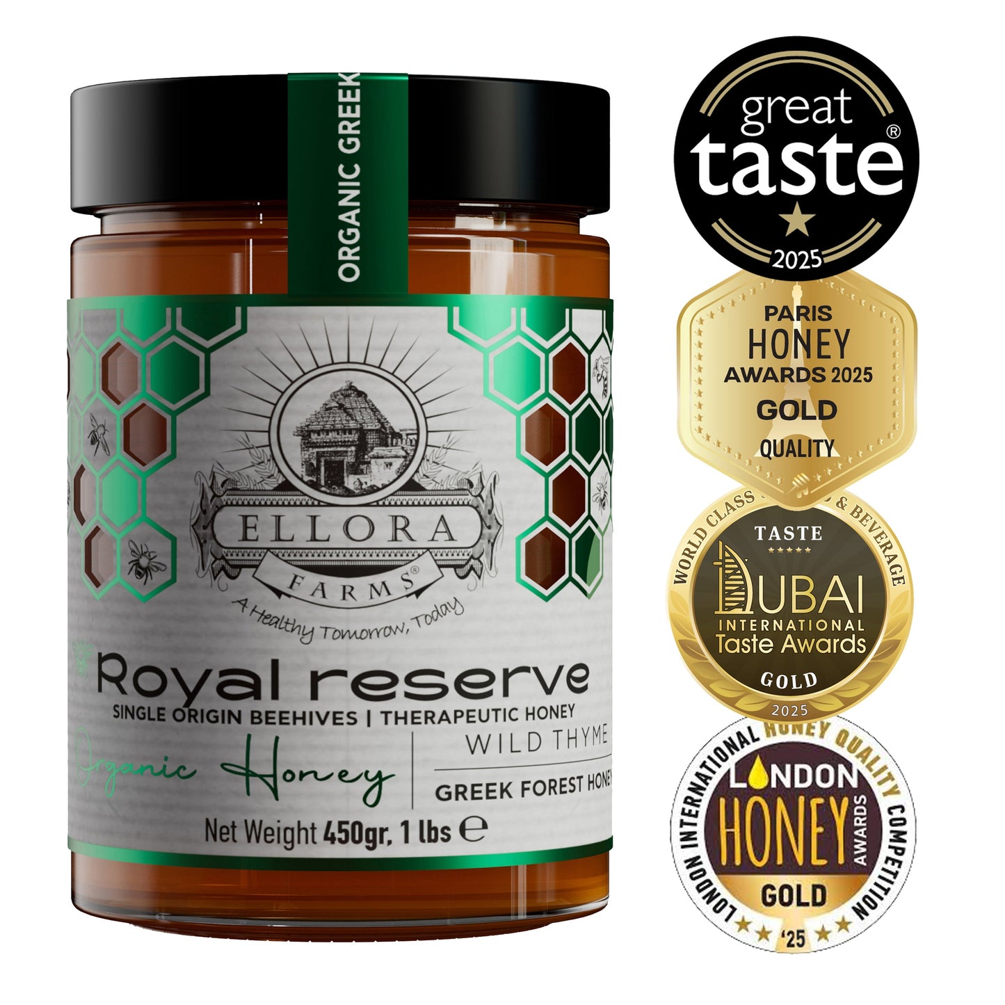 Ellora Farms, Organic Raw Honey & Single Estate PDO Pine Thyme Honey, Superfood, Includes Wooden Dippers, 1 lb Each, Twin Pack