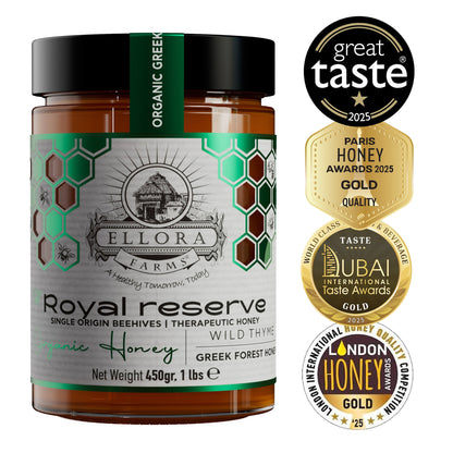 Ellora Farms, Organic Raw Honey & Single Estate PDO Pine Thyme Honey, Superfood, Includes Wooden Dippers, 1 lb Each, Twin Pack