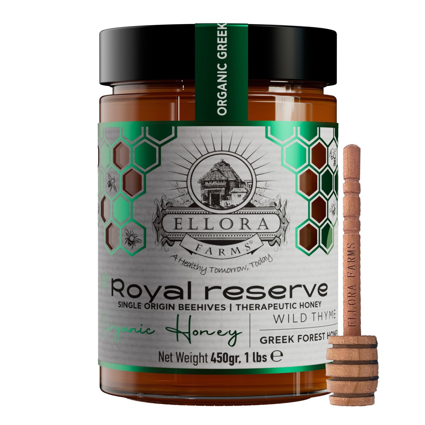Ellora Farms, Organic Greek Raw Honey, Royal Reserve, Wild Thyme, Superfood, Includes Wooden Dippers, 1 lb. Each, Twin Pack
