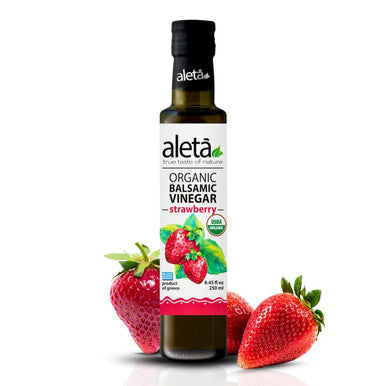Aleta Organic, Infused Strawberry Balsamic Vinegar, Sweet & Tarty, No-Added Sugar, No-Preservatives, Glass Bottle, 8.45 oz.
