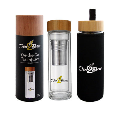 Tea2Brew, On the Go Tea Infuser, Double Walled Glass with Bamboo Lid, Perfect for Tea, Coffee, or Fruit Infusions, Neoprene Sleeve Included, 15 oz (400ml)