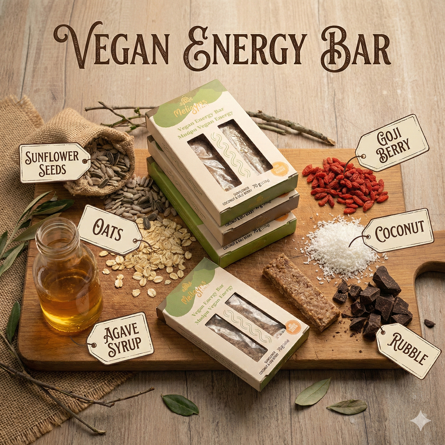 Meligyris VEGAN ENERGY BAR, Sunflower Seed, Goji Berry & Oat Bar, Retail Display Pack of 12