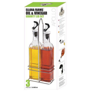New Age Kitchen, Apollo Glass Cruet Set, Carry Rack and Magnetized Pourer, Oil & Vinegar Dispenser, 16 oz. Bottles